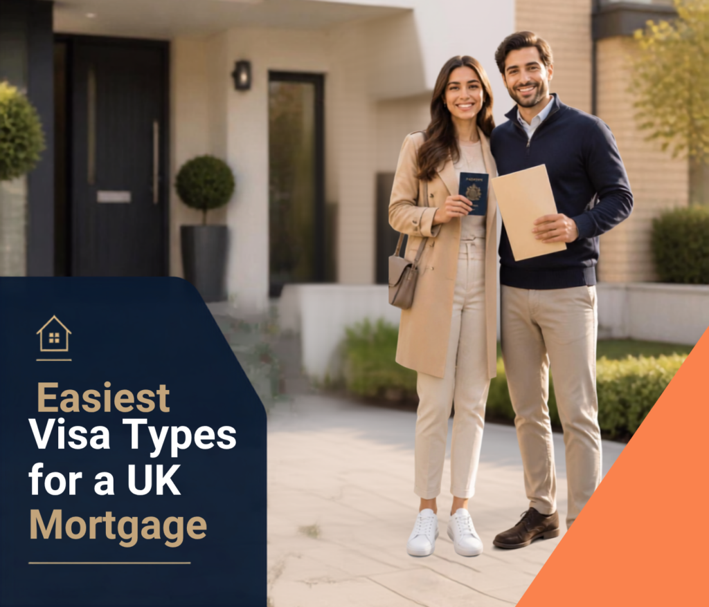 Foreign‑national couple reviewing UK visa documents in their home, symbolising mortgage eligibility for different visa types.