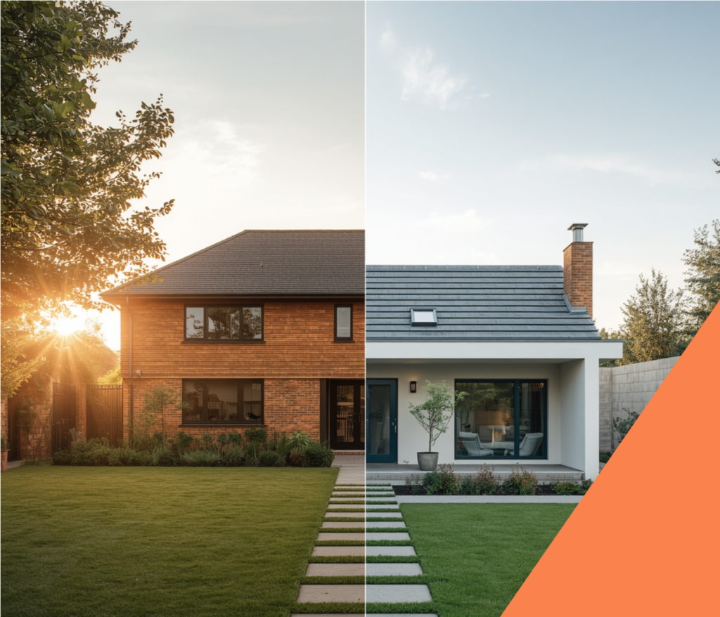 Image shows a large family home on the left hand side, and a small bungalow on the right to show the differences in Equity Release vs Downsizing