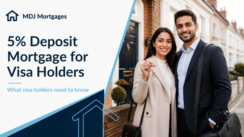 an image of a young foreign national couple standing outside a home they have been able to purchase as a Visa holder with a 5% deposit mortgage to buy a home in the UK
