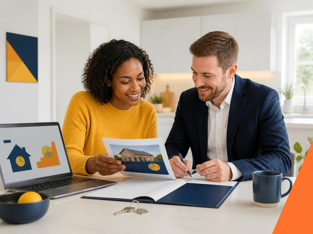 Shared ownership homeowner discussing staircasing options with a mortgage adviser in a modern home